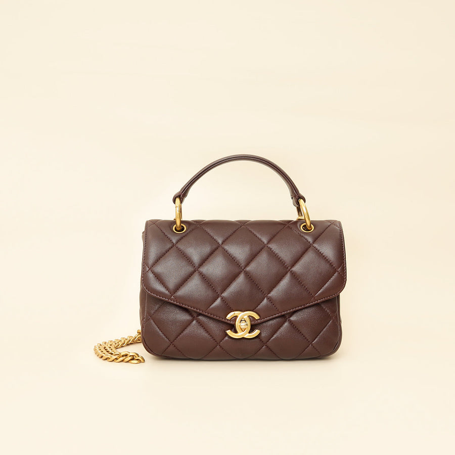 Chanel Brown CC Top Handle Quilted Flap Bag