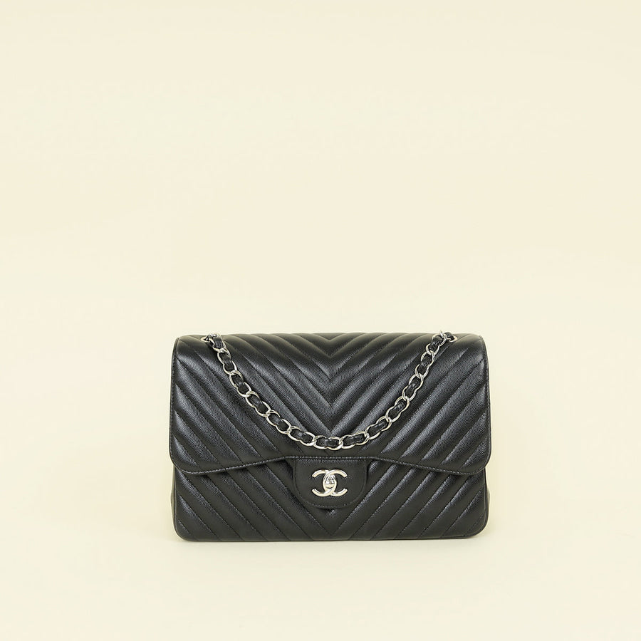 Chanel Black Chevron Classic Double Flap Jumbo Bag