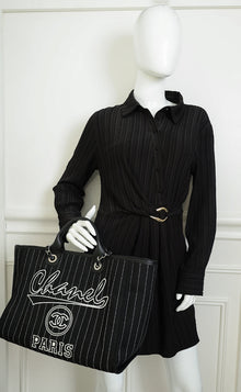 Chanel Black CC Deauville Pinstripe Shopping Tote Bag