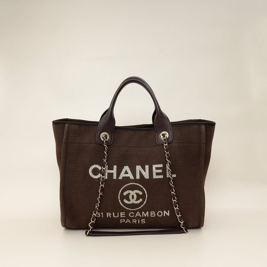 Chanel Brown CC Deauville Mixed Fabric Medium Tote Bag