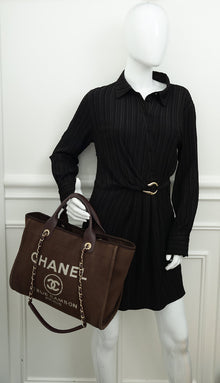 Chanel Brown CC Deauville Mixed Fabric Medium Tote Bag