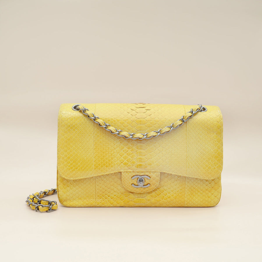 Chanel Yellow Python CC Classic Double Flap Jumbo Bag