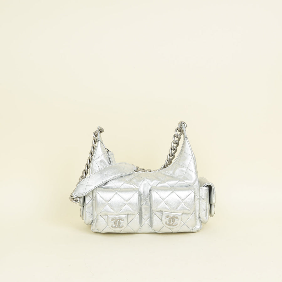 Chanel Metallic Silver CC Quilted Trendy Pockets Hobo Large Bag