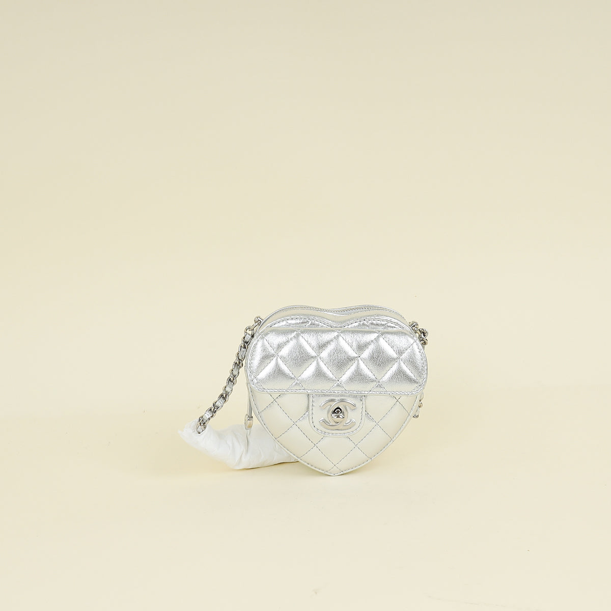 Chanel Metallic Silver CC Heart Clutch With Chain