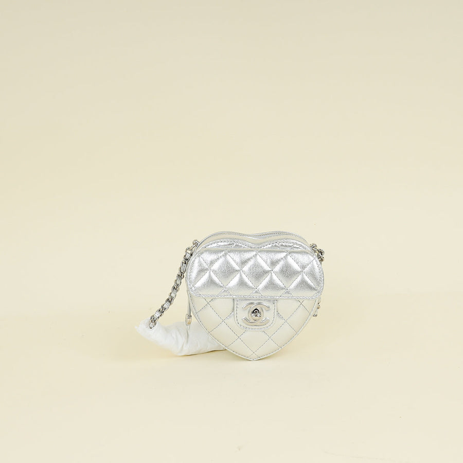 Chanel Metallic Silver CC Heart Clutch With Chain