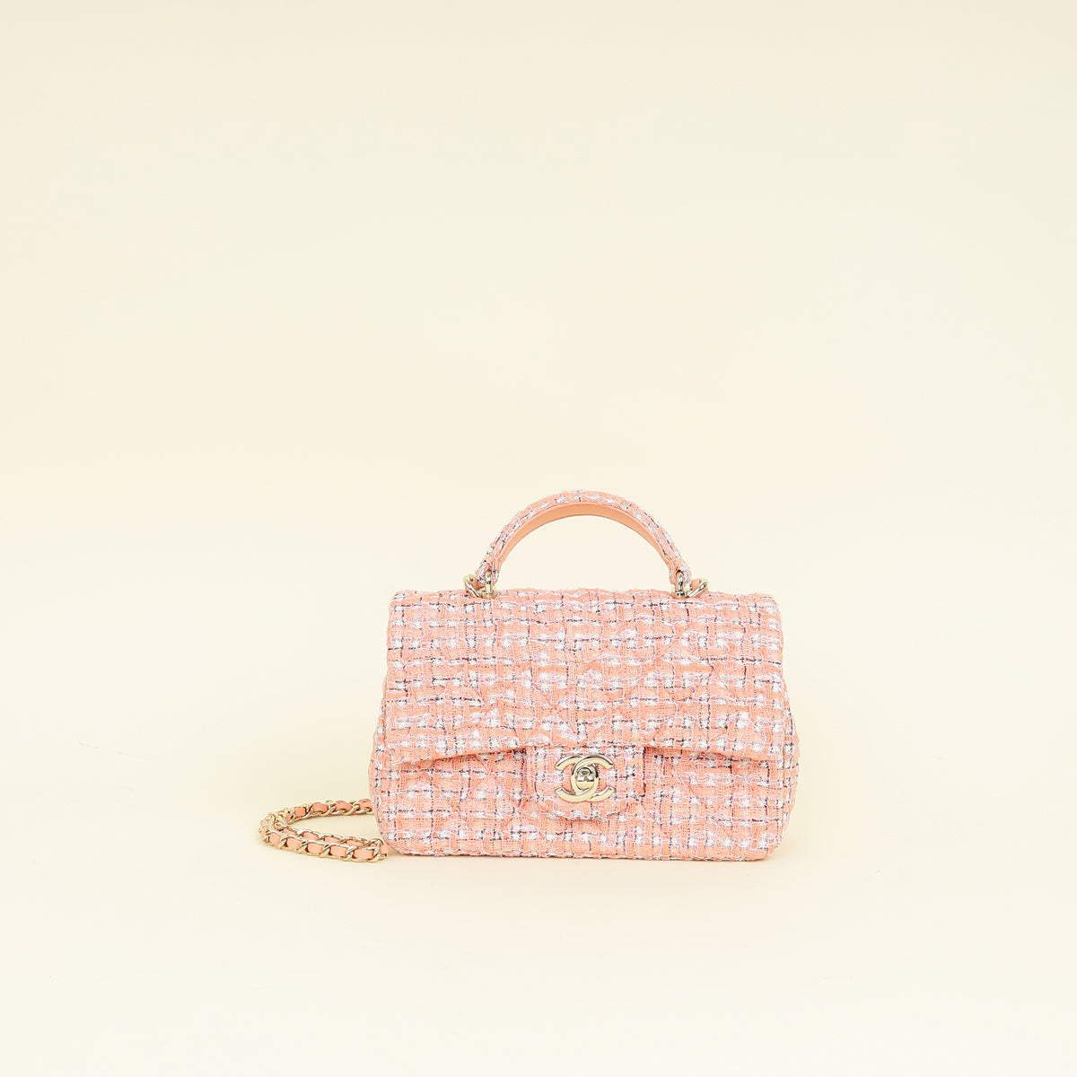 Chanel Coral Tweed Top Handle Mini Rectangular Flap Bag