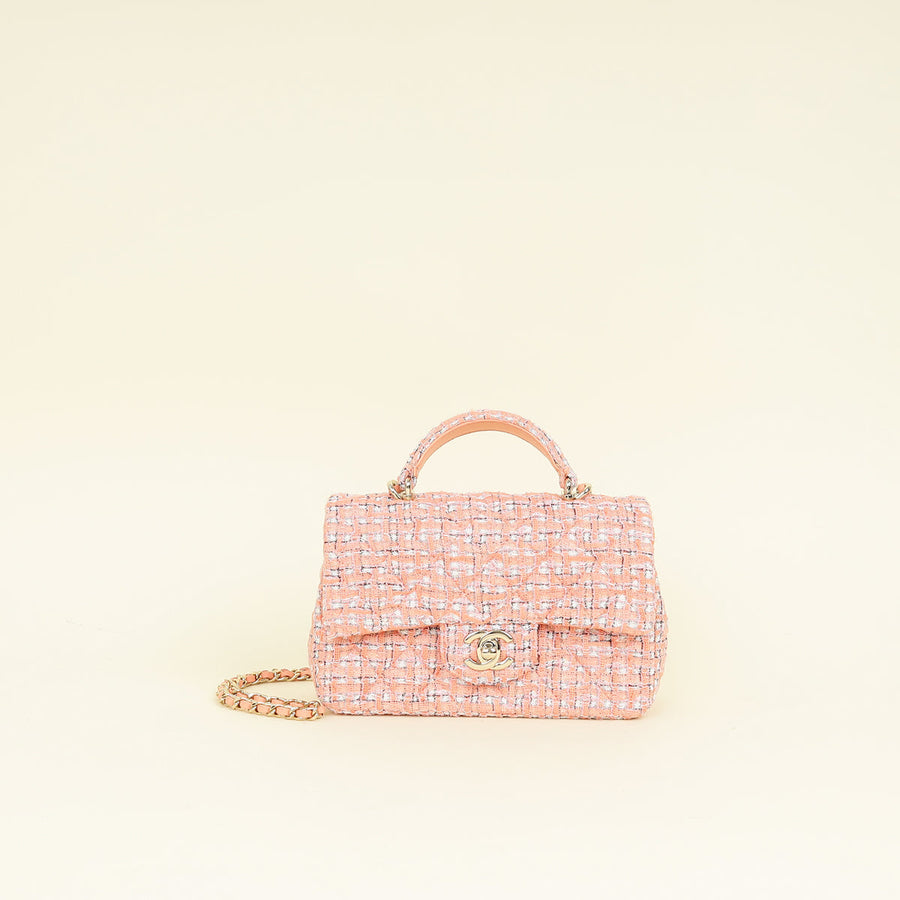 Chanel Coral Tweed Top Handle Mini Rectangular Flap Bag