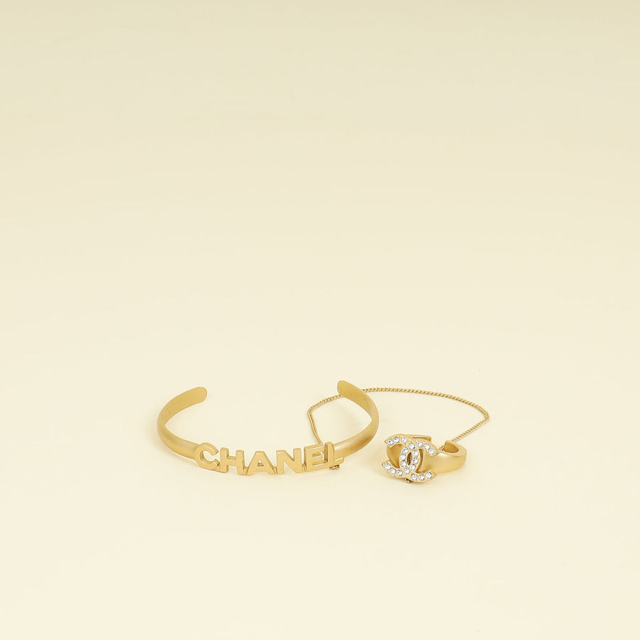 Chanel Gold CC Crystal Chain Cuff Ring Set