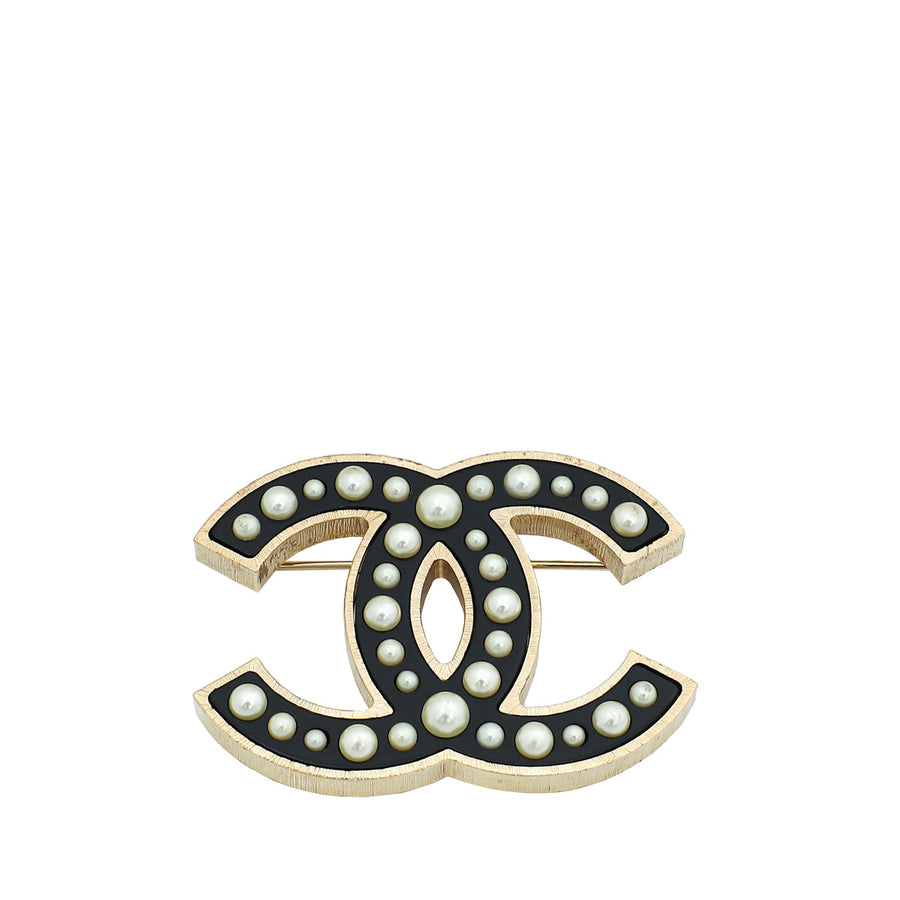 Chanel Black CC Pearl Enamel Brooch
