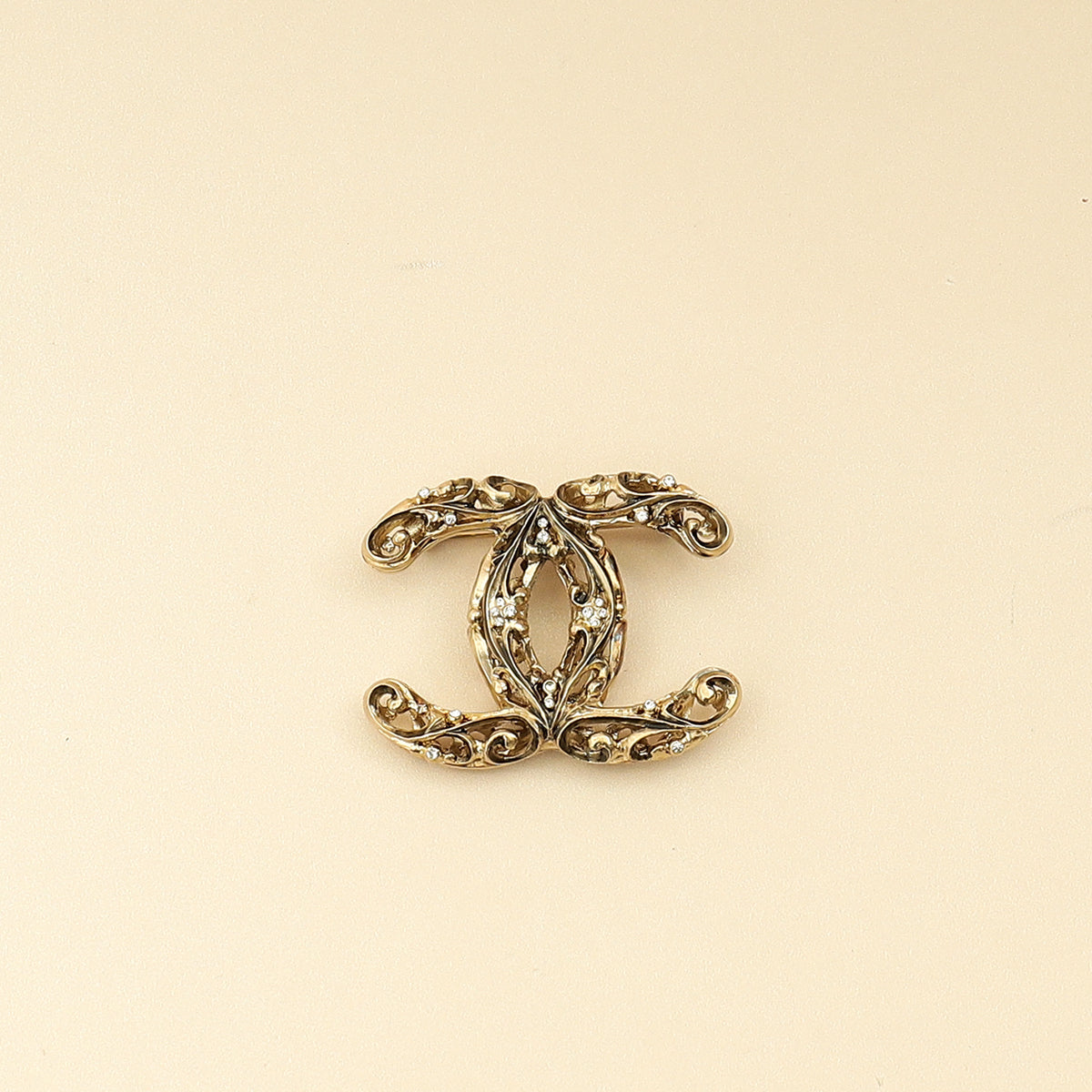 Chanel Gold CC Crystal Cutout Details Brooch