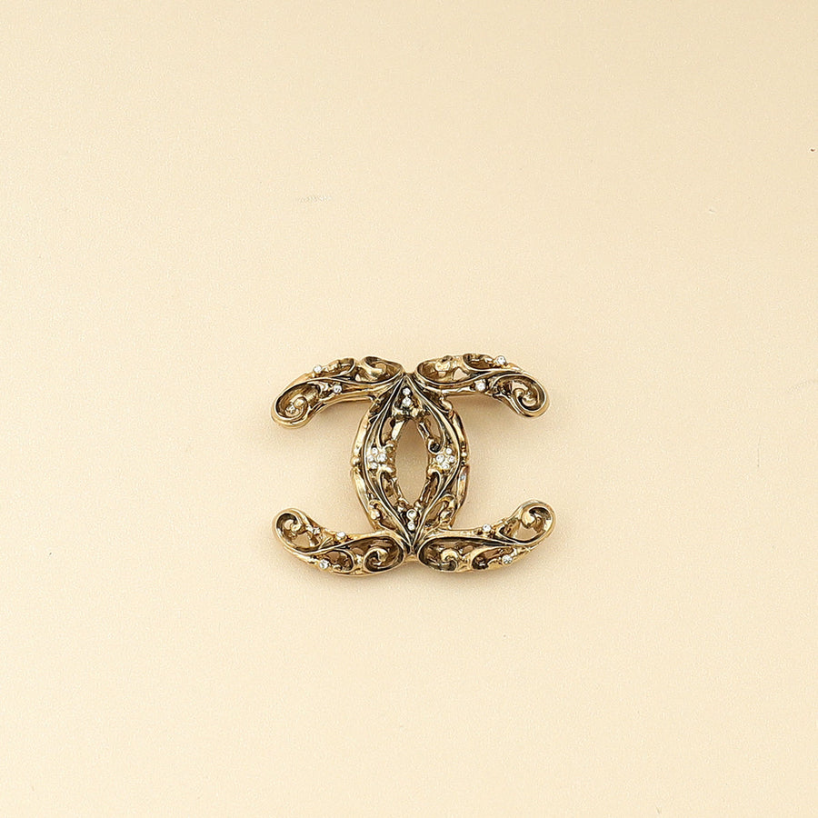 Chanel Gold CC Crystal Cutout Details Brooch