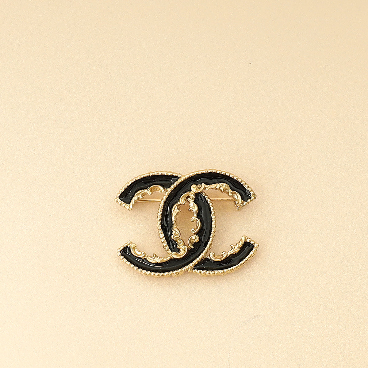 Chanel Black CC Enamel Baroque Brooch