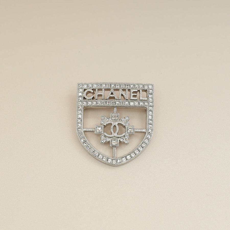 Chanel Silver Swarovski Baguette Crystal CC Shield Brooch