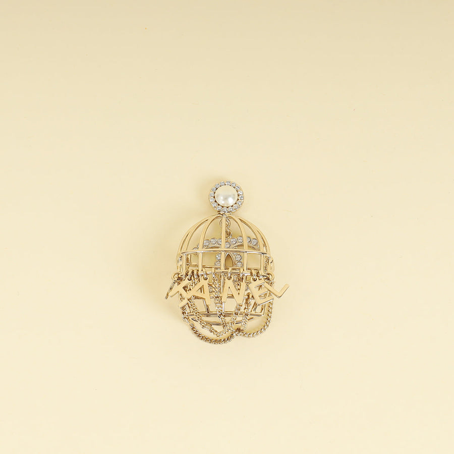 Chanel Gold CC Bird Cage Pearl Crystal Brooch