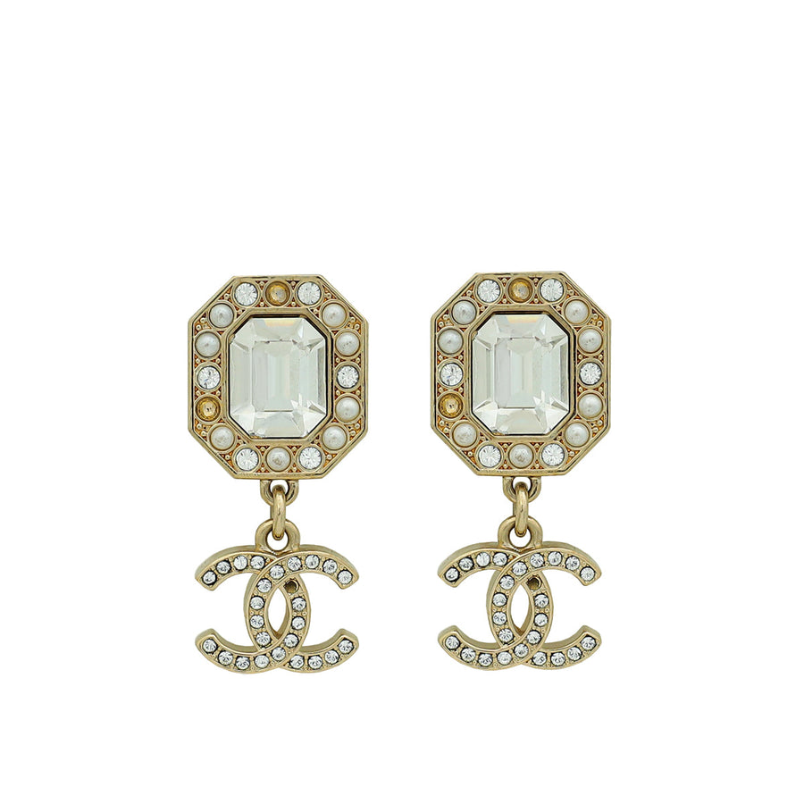 Chanel Gold Tone CC Pearl Crystal Drop Earrings
