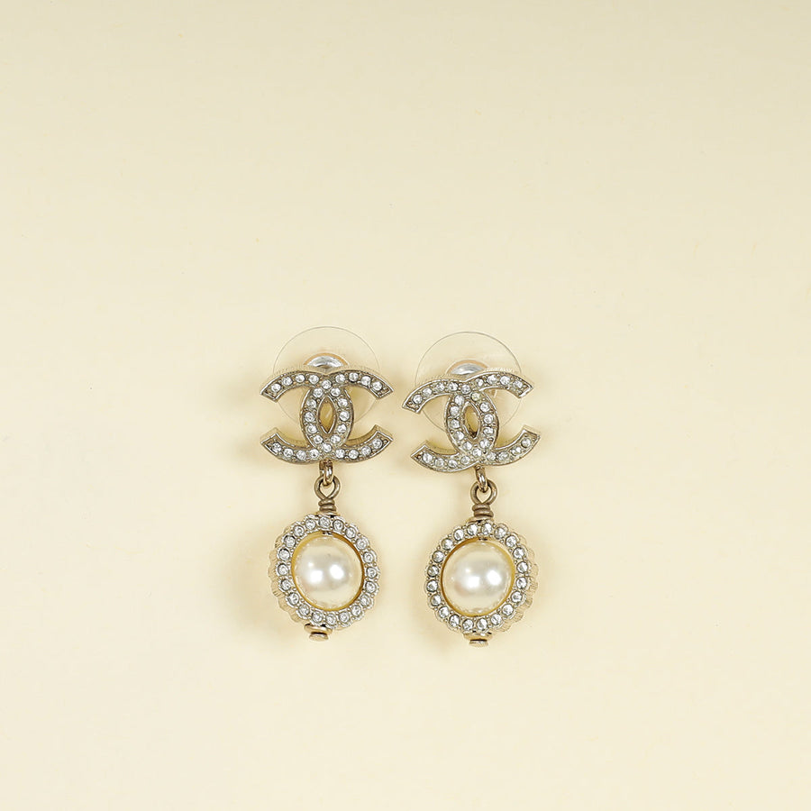 Chanel Ivory Crystal CC Pearl Drop Stud Earrings