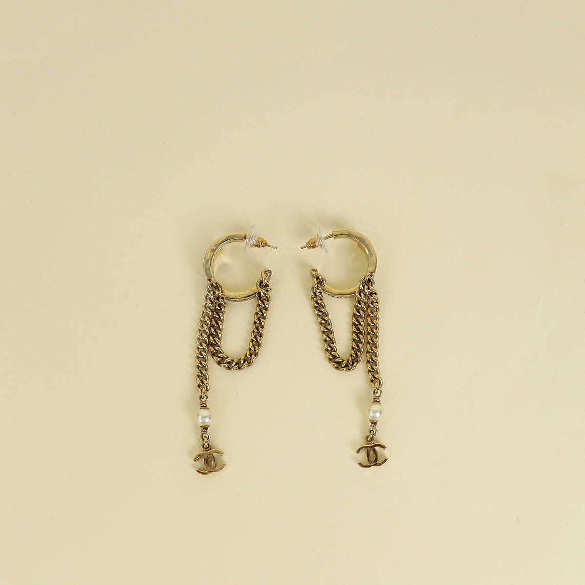 Chanel White CC Hoop Chain Drop Earrings
