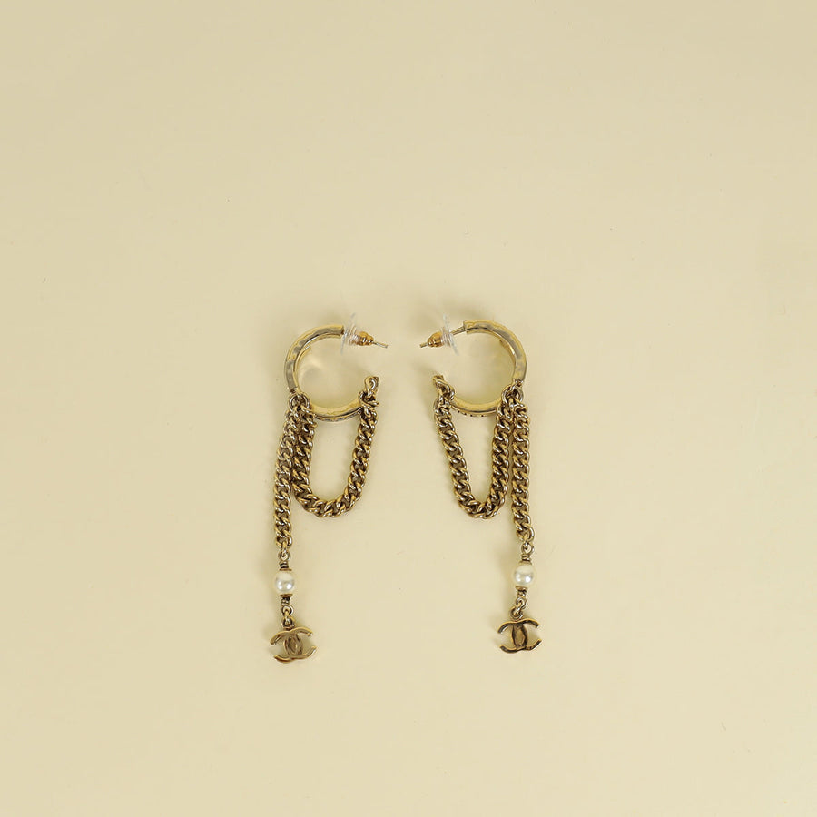 Chanel White CC Hoop Chain Drop Earrings