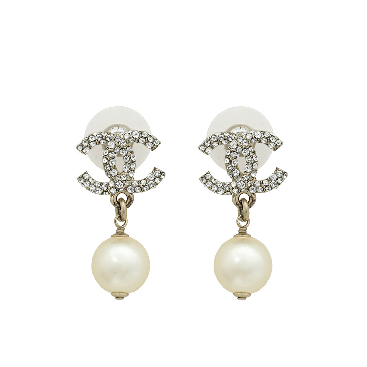 Chanel Gold CC Crystal Pearl Drop Earrings