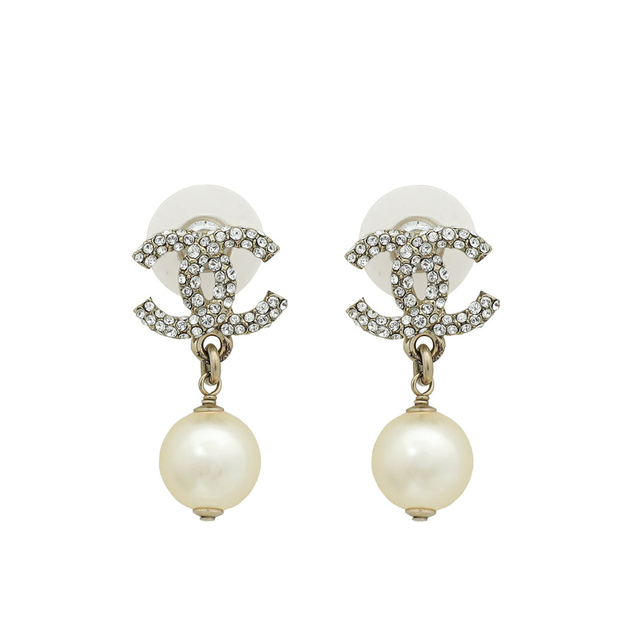 Chanel Gold CC Crystal Pearl Drop Earrings