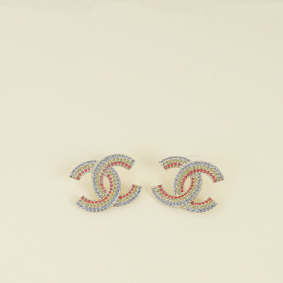 Chanel Light Gold Multicolor Crystal CC Earrings