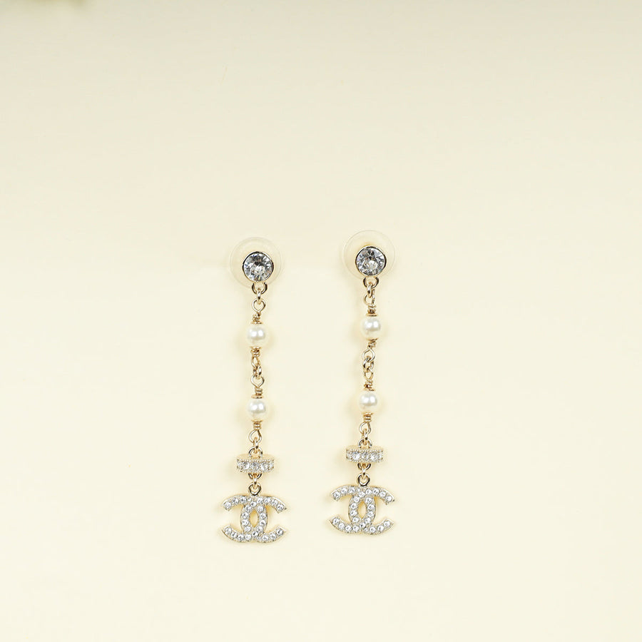 Chanel Gold CC Pearl Crystal Long Drop Earrings