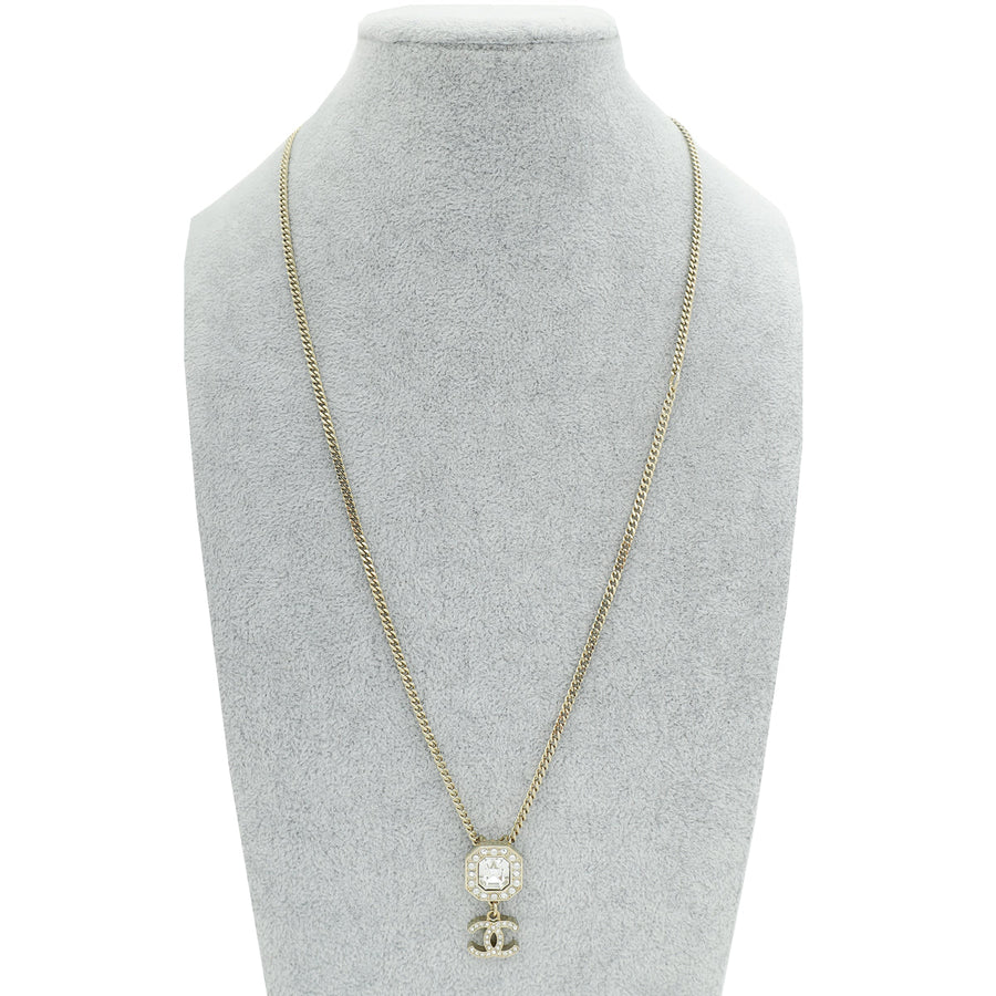 Chanel Gold Tone CC Pearl Crystal Pendant Necklace