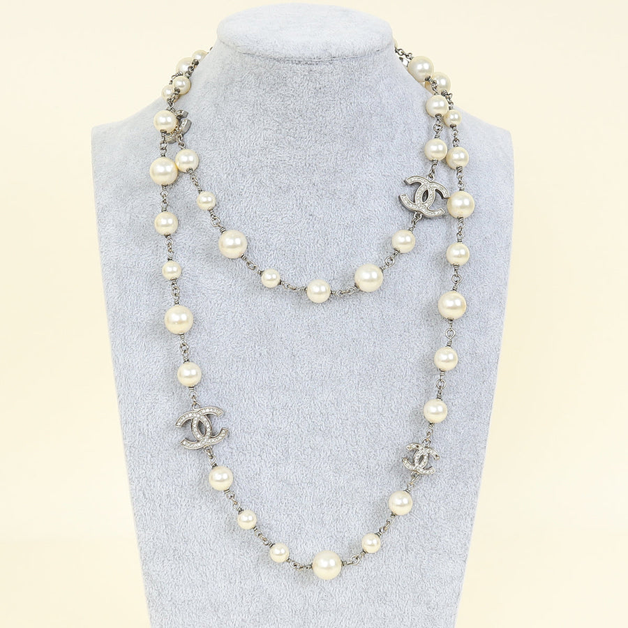 Chanel Ivory CC Crystal Pearl Long Necklace