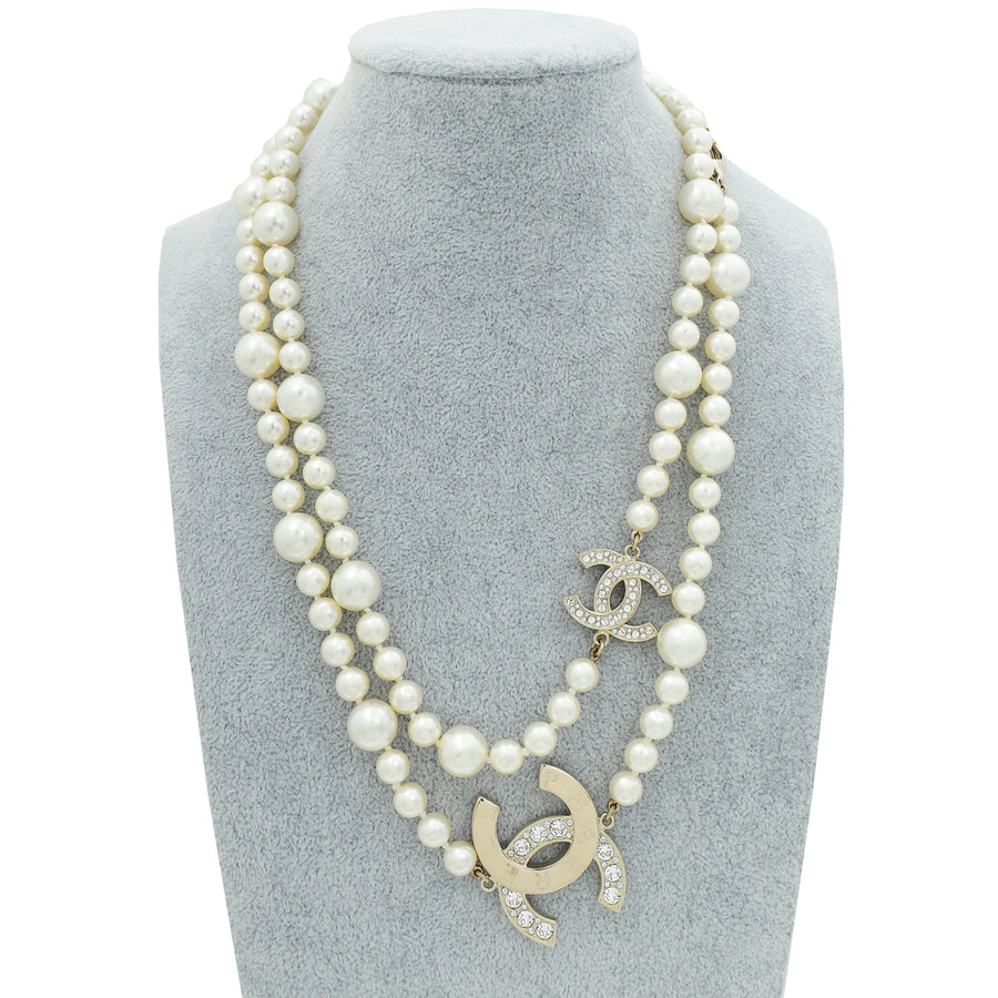 Chanel Gold CC Pharrell Williams Crystal Logo Pearl Necklace