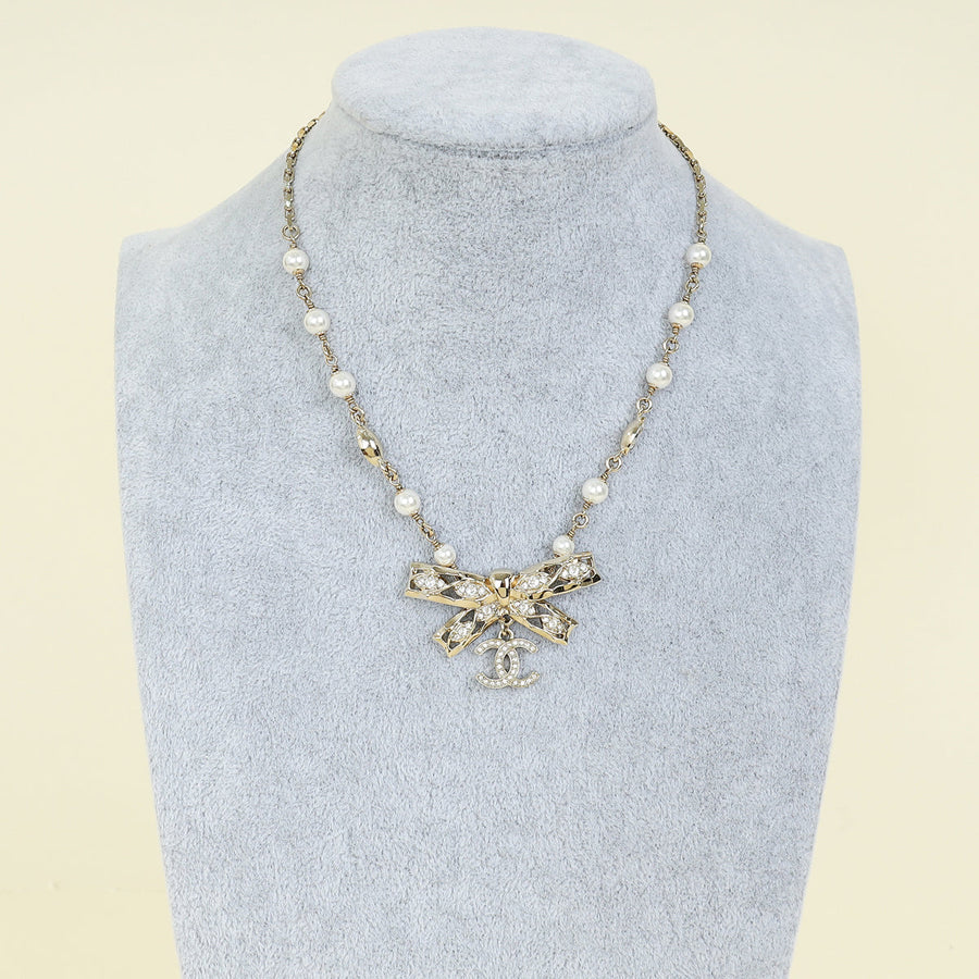 Chanel Gold CC Drop Bow Pearl Choker