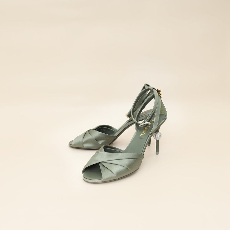 Chanel Olive CC Crystal Satin Sandal 38.5