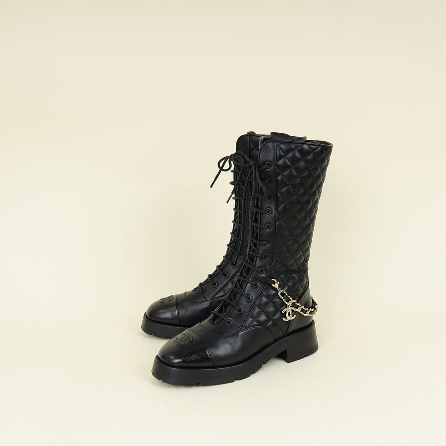 Chanel Black Mid-Calf Boots w/Chain CC Detail 37.5