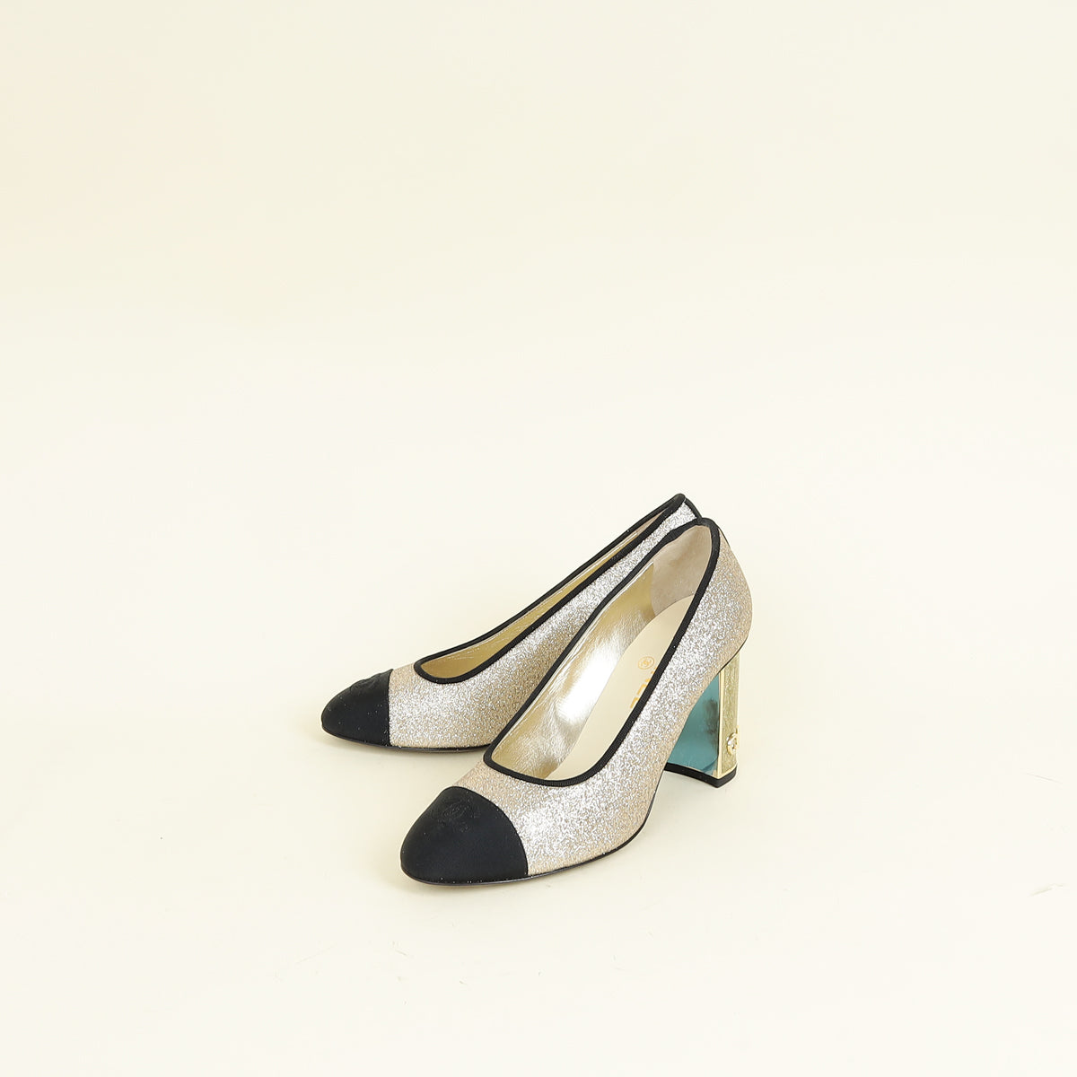 Chanel Bicolor CC Glitter Grosgrain Cap Toe Logo Pumps 40