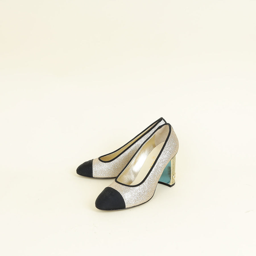 Chanel Bicolor CC Glitter Grosgrain Cap Toe Logo Pumps 40