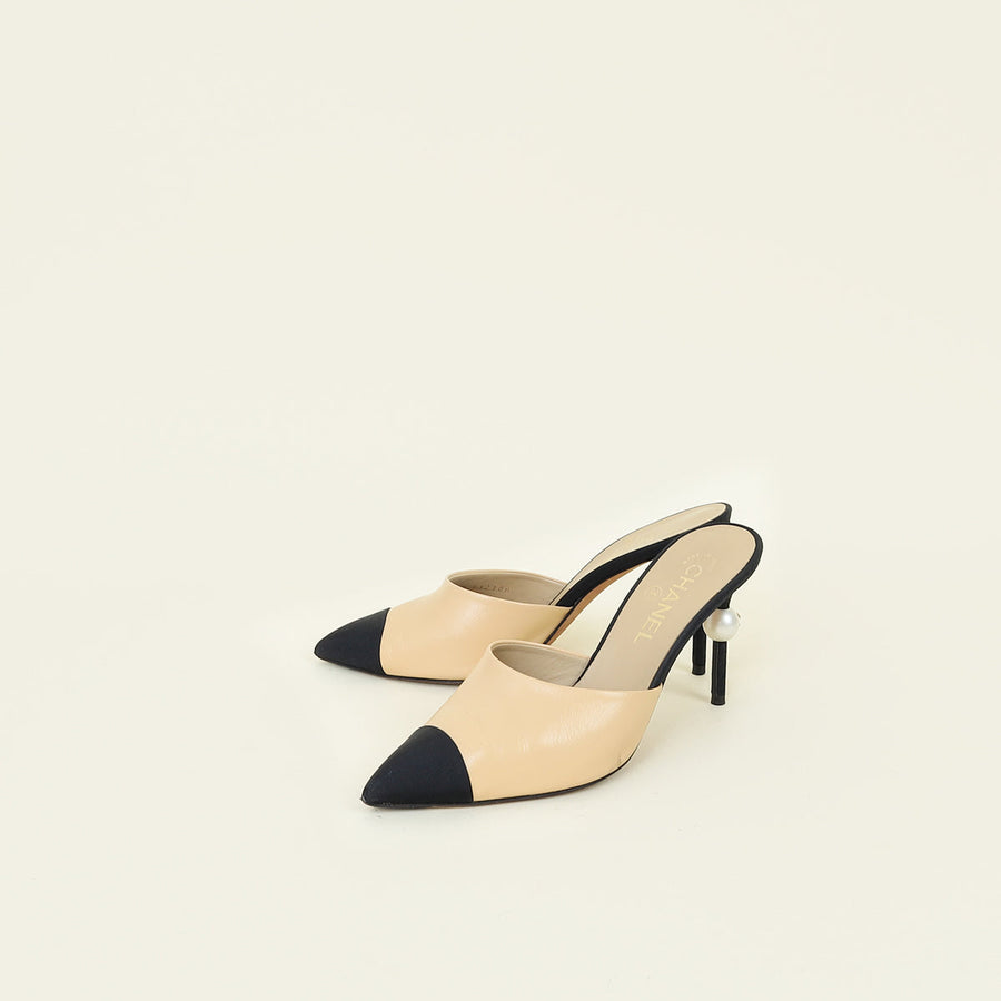 Chanel Bicolor CC Cap Toe Pointed Pearl Heel Mules 37.5