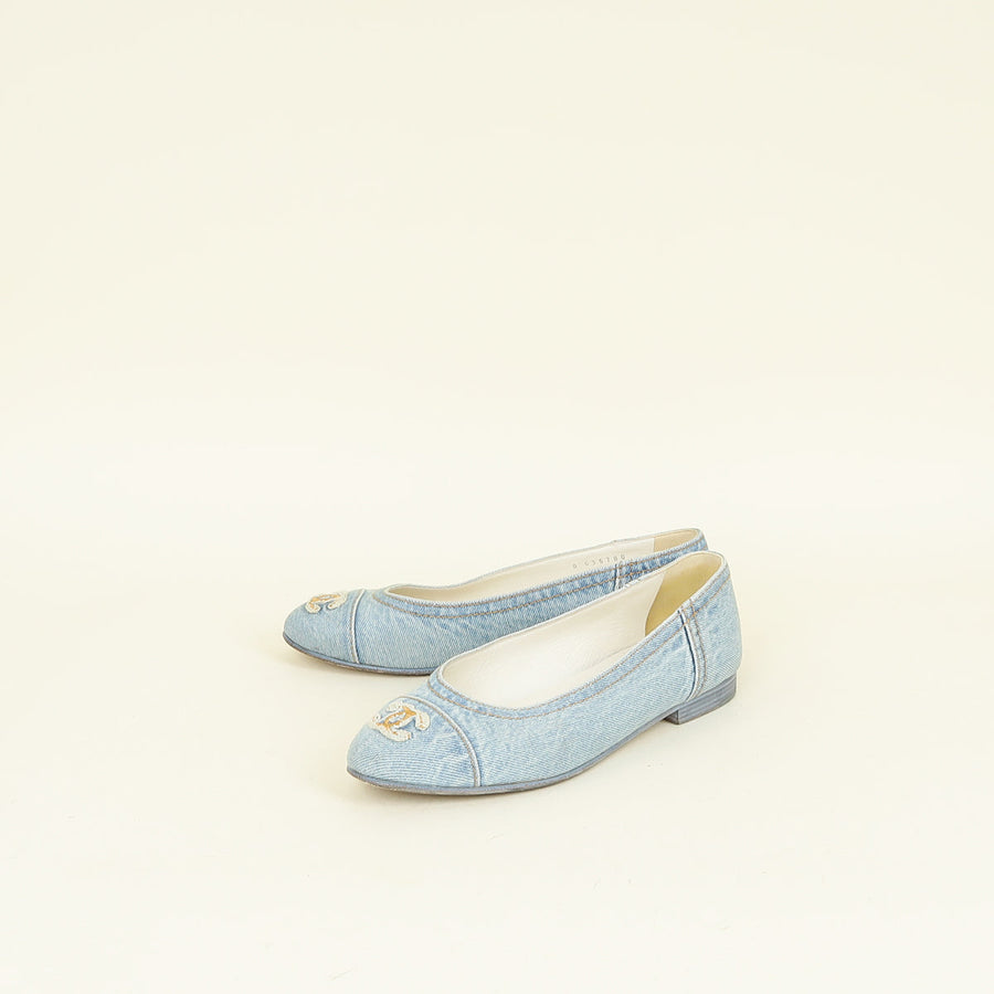 Chanel Light Blue CC Cap Toe Ballerina Flats 37.5