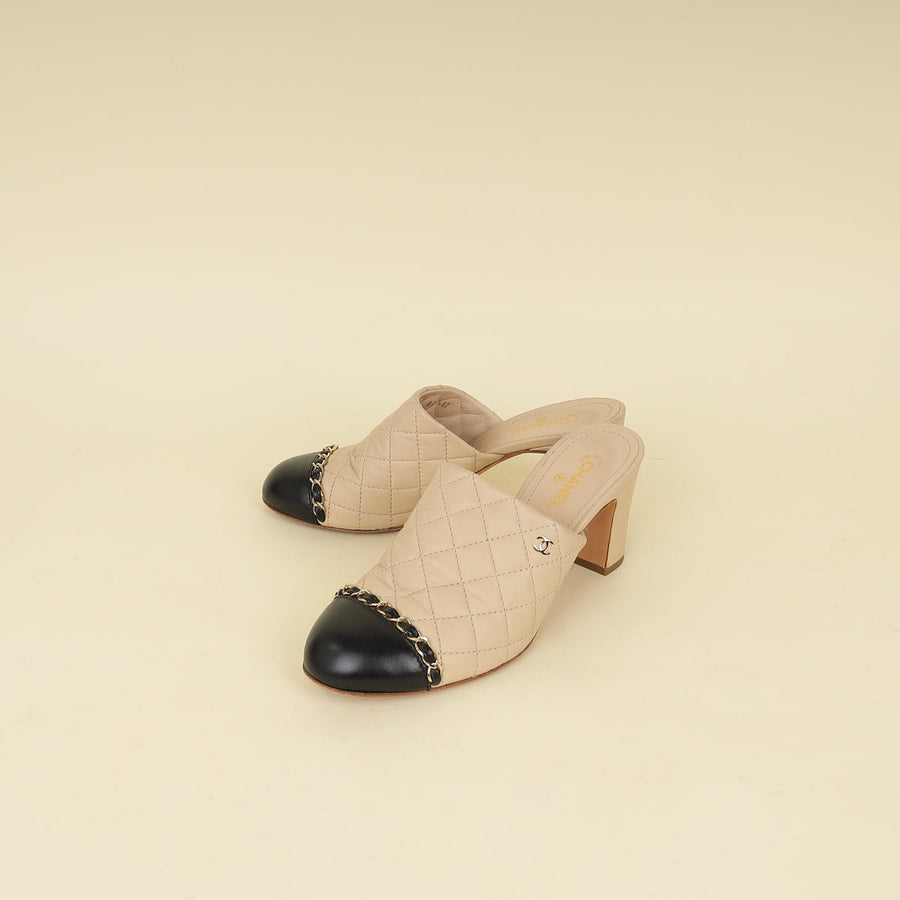 Chanel Bicolor CC Cap Toe Chain Quilted Mules 37.5