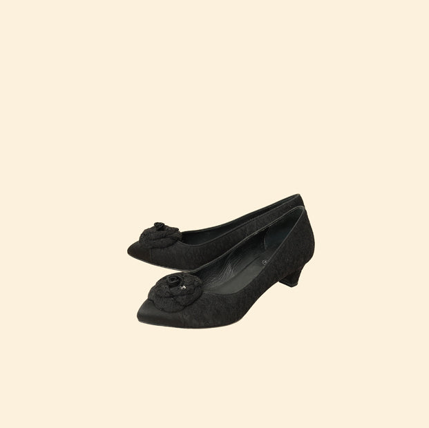 Chanel Black Lace Camellia 40mm Pumps 38