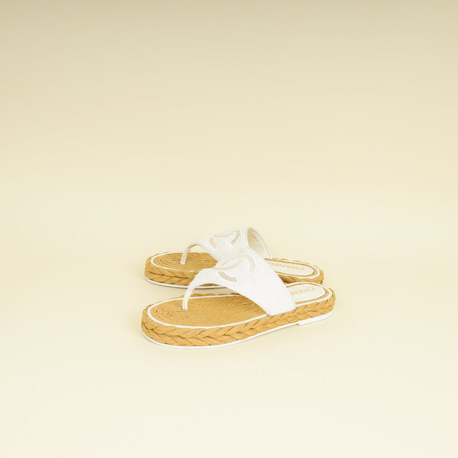 Chanel White CC Terry Cloth Raffia Thong Sandals 39.5
