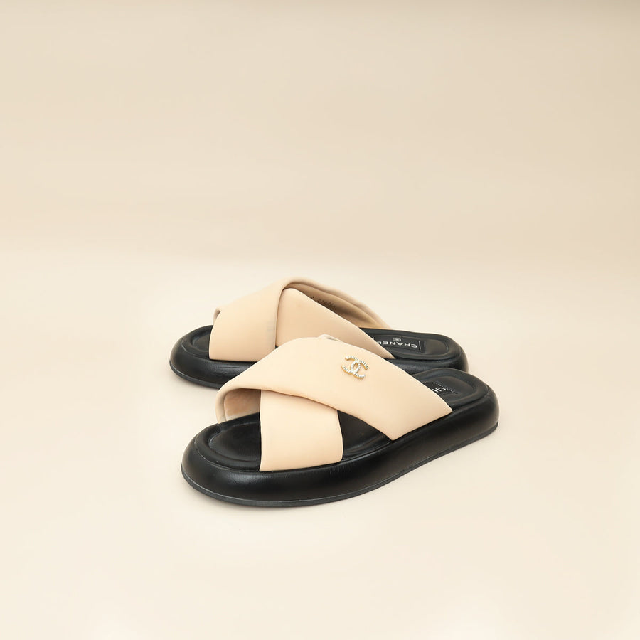 Chanel Bicolor Fabric CC Mules Sandals 39