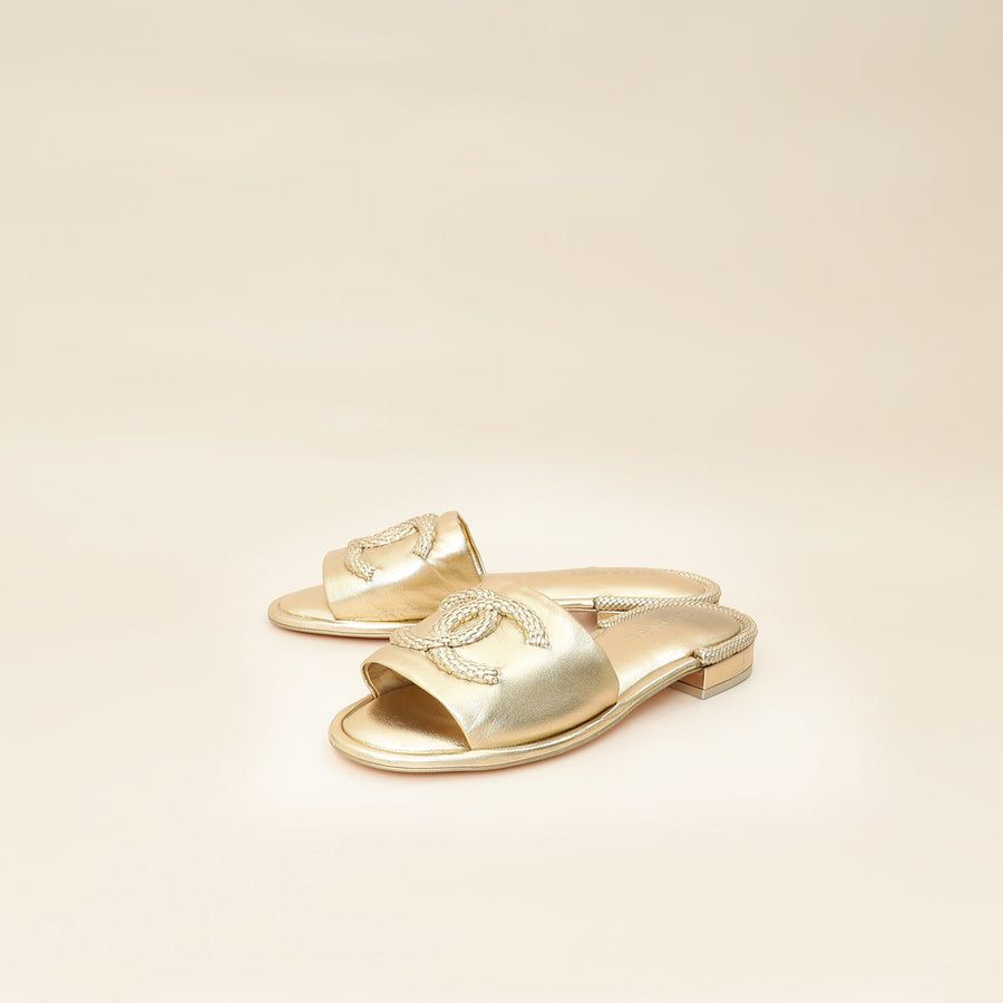 Chanel Metallic Gold CC Braided Slides Mules 40.5