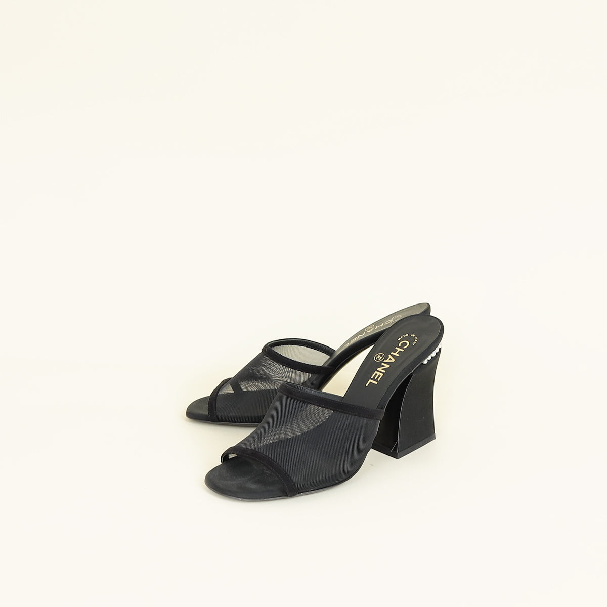 Chanel Black CC Pearl Mesh Heel Mules 40