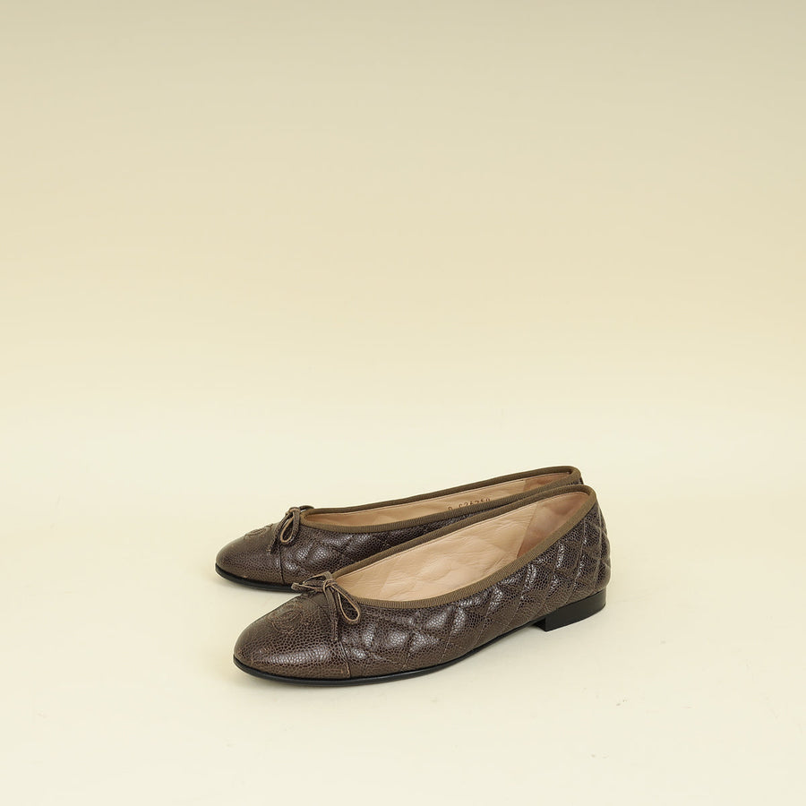 Chanel Dark Olive CC Cap Toe Flat Ballerina 37.5