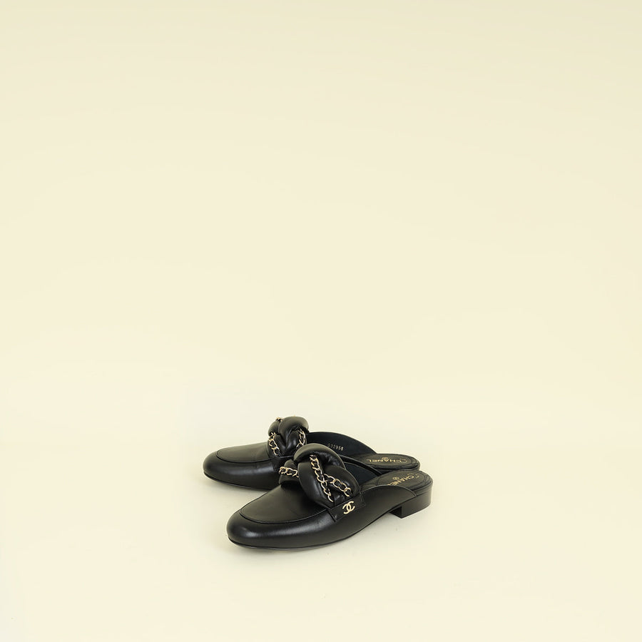 Chanel Black CC Braided Chain Mules 37.5