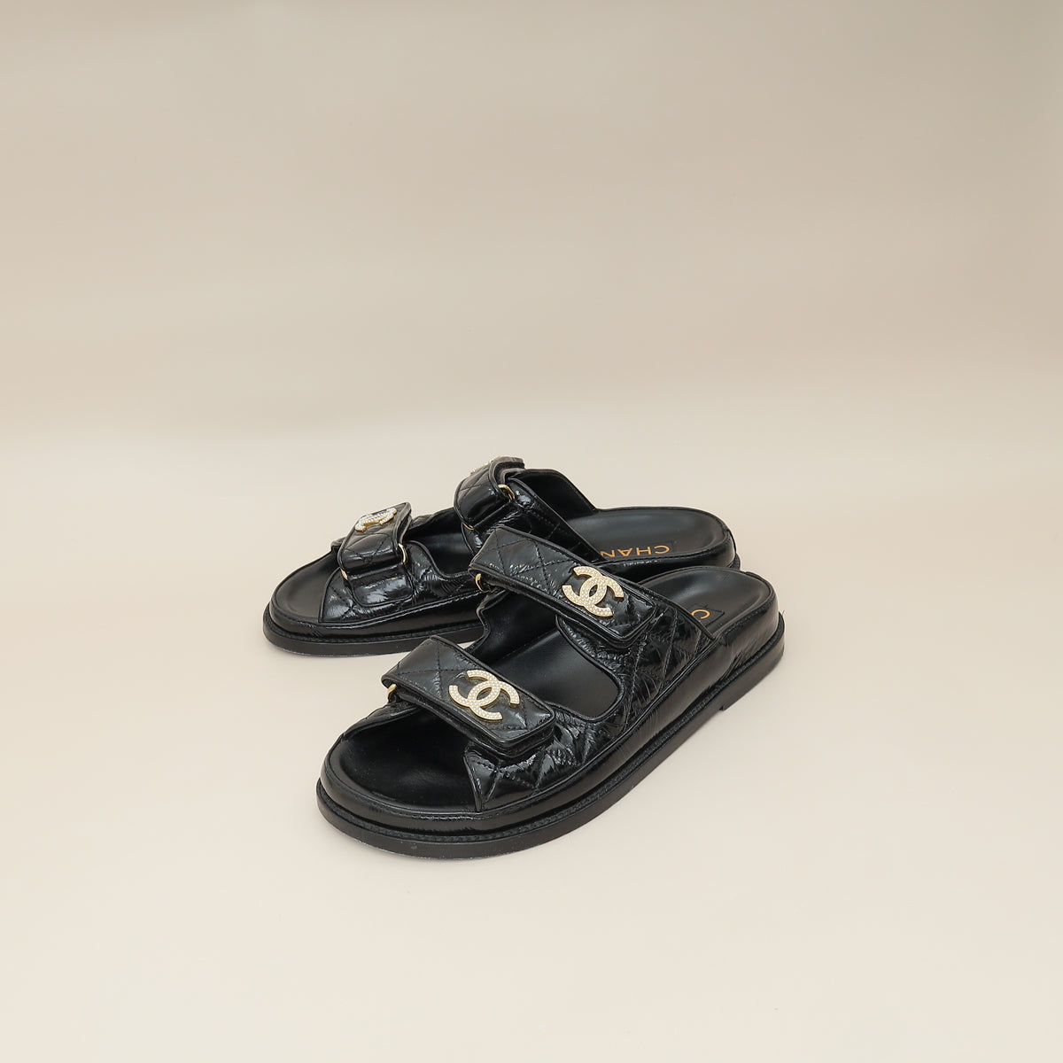 Chanel Black Shiny CC Beads Quilted Dad Slide Mules 37