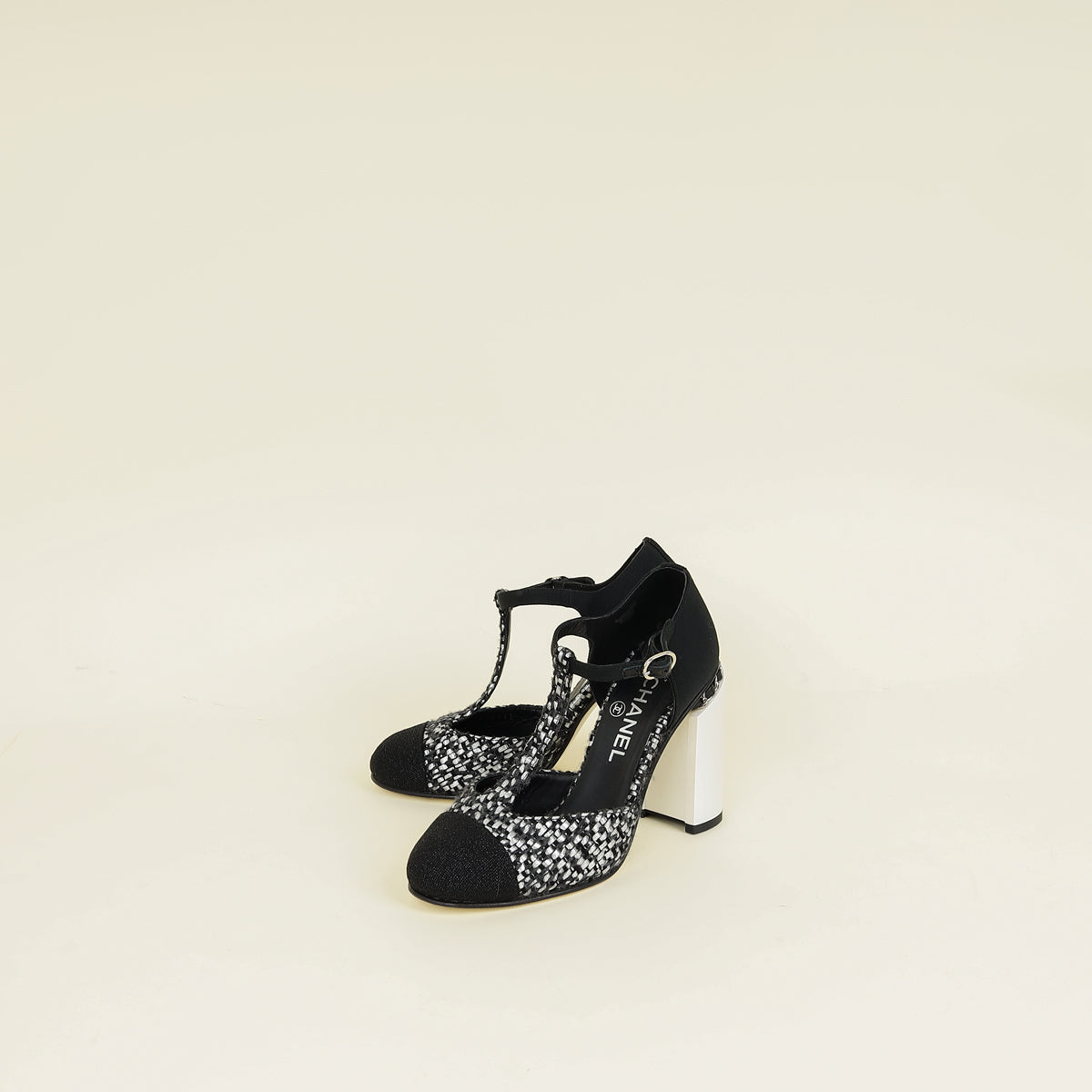 Chanel Tricolor T Strap Tweed Pumps 37