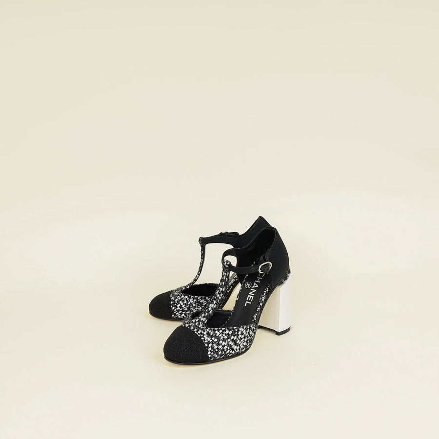 Chanel Tricolor T Strap Tweed Pumps 37