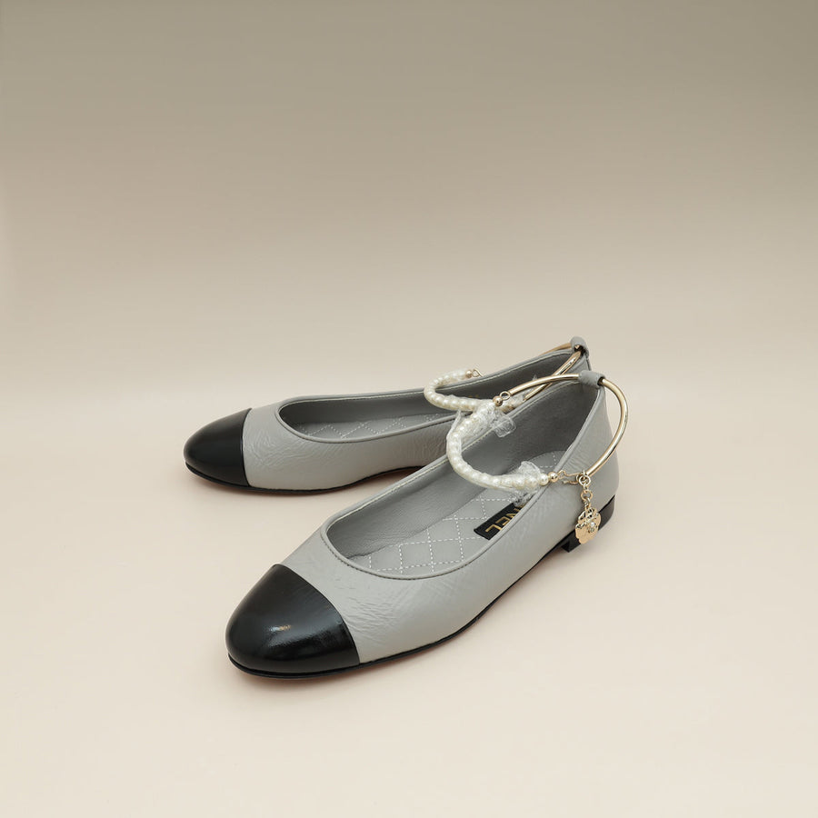 Chanel Bicolor CC Camellia Cap Toe Pearl Ankle Ballerina 37