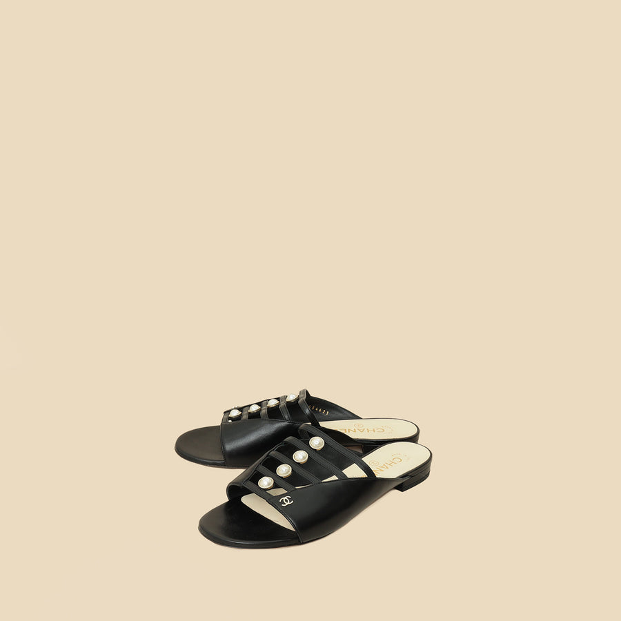 Chanel BlackCC Pearl Mules 38.5