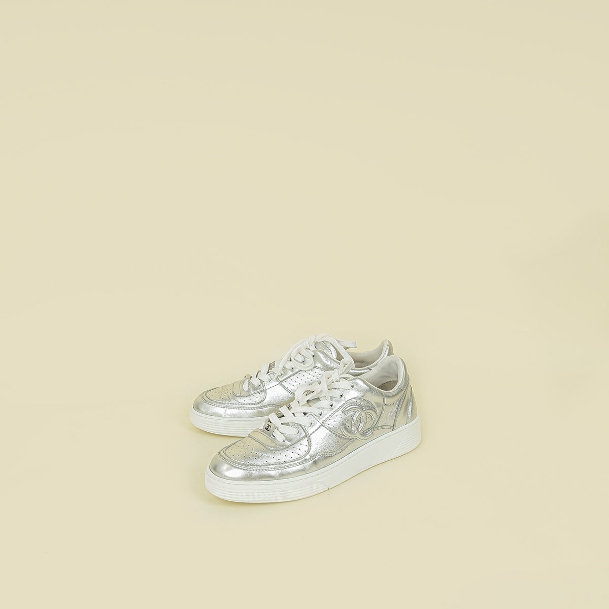 Chanel Metallic Silver CC Trainer Sneaker 38.5